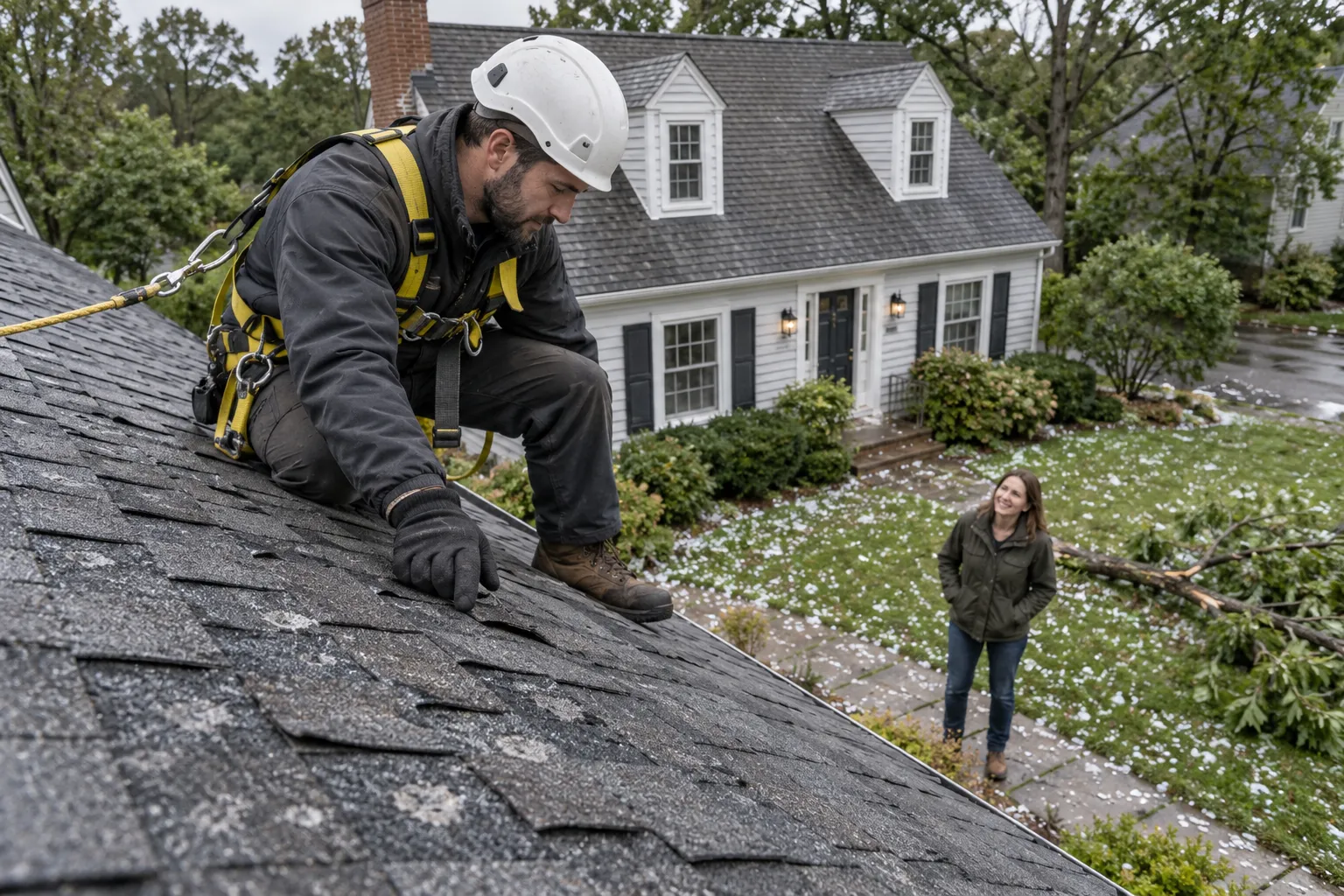 Local roofing provider inspecting hail-damaged shingles on a home roof in the Taunton area